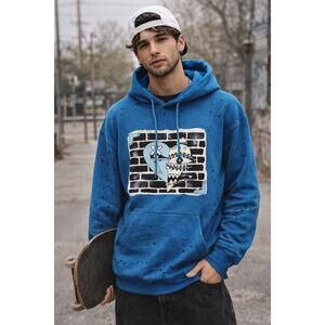 Hustle Or Starve Blue Hoodie Mens Medium Pullover Y2K Graphic Sweatshirt